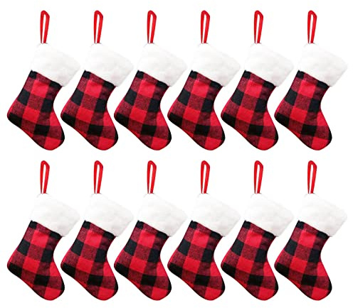 1/12/24er Set Weihnachsstrumpf Stoff Kamin Weihnachtssocken zum Befüllen & Aufhängen für Weihnachtsdeko Oder DIY, Nikolausstiefel Nikolausstrumpf für Weihnachten (Rotes Gitter-12pcs, 18 x 14 cm)