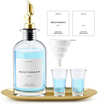 Moryimi Munsksdispenser, 47 ml munskölj i glas för badrum, muntvättsbehållare munsköljsflaska med hällpip, återanvändbar munvattendispenser set med koppar, guldbricka och tratt