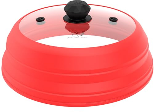 Microwave Splatter Cover Vented Glass Splatter Guard Lid with Collapsible Silicone for Food as Pot Cover 11.8 inch Large Plate for 6 7 8 9 10 11 inch Plate Bowl Red