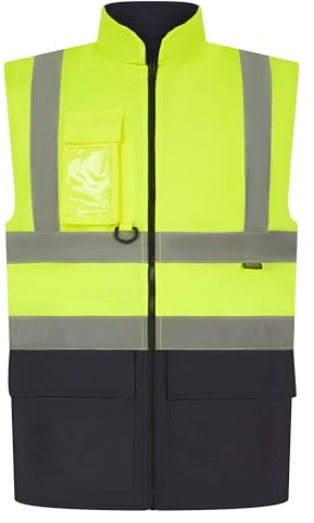 LABEL APPAREL Hi Vis Men Bodywarmer High Visibility Reversible Workwear Reflective Tape Sleeveless Waistcoat for Men - Yellow/Navy - L