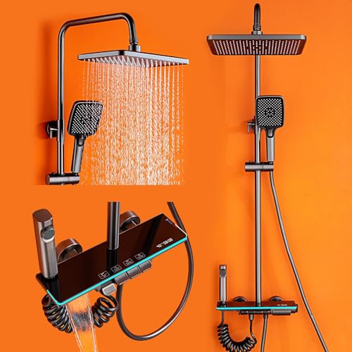 Sistema Doccia Termostatico, Colonna Doccia Miscelatore con Display Digitale Luce ambientale, Sistema doccia a 4 funzioni con Rubinetto per Vasca, 20x30cm Soffione Doccia, Doccetta, Spray Bidet, Grey