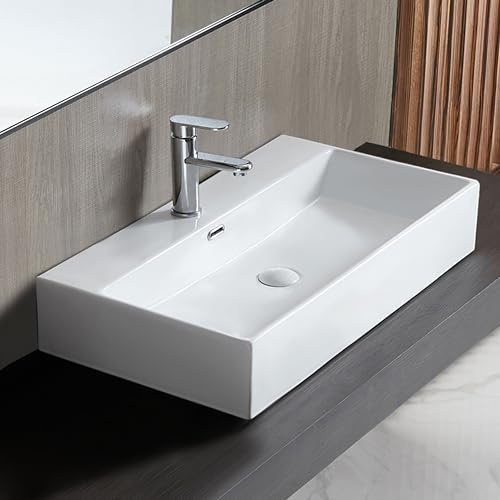 Eridanus Bathroom Sink 30 x 16 Rectangular Vessel Sink, Wall Mount Above Counter Vanity Sink, Premium Ceramic White Art Basin with Overflow, Lavatory Trough Floating Washbasin