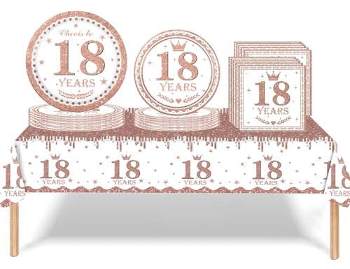 53Pcs Rose Gold Happy 18th Birthday Party Tableware Set - Plastic Table Cloth, Paper Plates, Napkins, Decorations Kit for Women Girl Her - Disposable Table Decorations