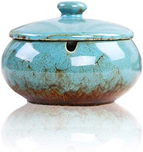 Keramik-Aschenbecher mit Deckel,Aschenbecher für den Innen- oder Außenbereich,Retro windaschenbecher Handgemachte Kreativer Sturmaschenbecher als Dekoration für Zuhause und Büro (Blau)