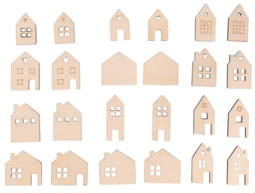 Rayher Streuteile aus Holz, Mini-Haus, 24 Stück, 2,5 - 3,5 cm, sortiert, Holz FSC zertifiziert, natur, Holzstreuer Tischdeko, Tischstreuer, Streudeko, 46749505