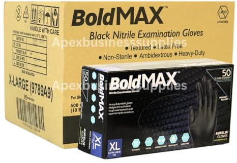 X/Large 10 Box Bold Max Nitrile Glove High-Density Diamond Grip Black Disposable Gloves - Latex & Powder Free Black Nitrile Gloves - Mechanic Gloves Extra Thick & Super Strong 500 Gloves