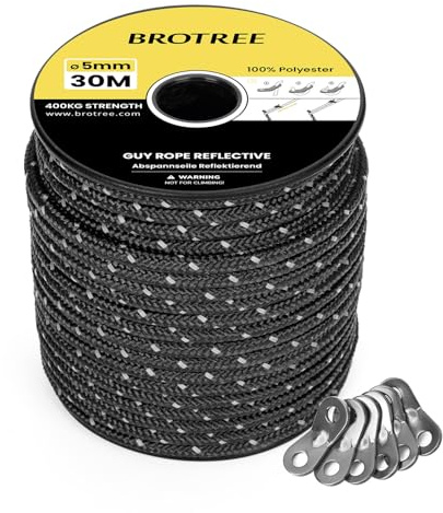 Brotree Campingrep 5mm 30m Reflekterande Tältspännlinor Vindtät Tält Guide Rep med 6 St Aluminiumspännare för Camping Tent Markis Gazebo (Svart)