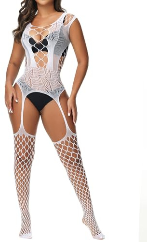 XIUSEMY Lencería sexy para mujer, bodystocking de una pieza, body de malla para mujer, lencería de red, ropa de dormir de talla grande, talla única