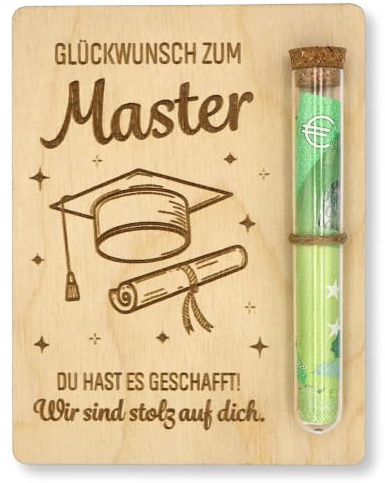 ZUKLA Verpackung für Geldgeschenke Master Abschluss Geschenk 2026-13 x 10 cm - mit Reagenzglas - Holz - Sponsion Geschenk