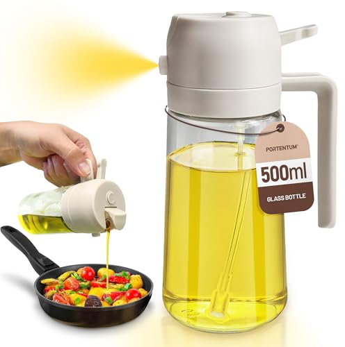 PORTENTUM Spruzzino Olio per Friggitrice Aria 500ml 2 in 1, Dosatore Bottiglia e Oliera Spruzzino olio, Accessori friggitrice ad aria nebulizzatore per Alimenti e Spruzzatore (Bianco)