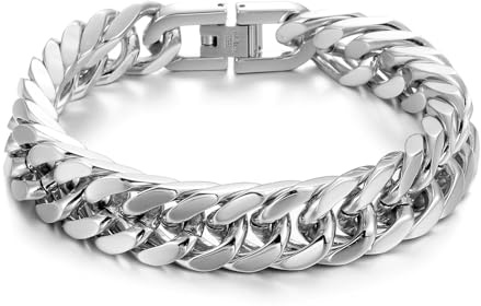 RWQIAN Armband Herren Silber Edelstahl Panzerkette Armbänder 12mm Männer Kubanische Armband 18cm Gliederarmband Geschenke für Papa Sohn Bruder Ehemann