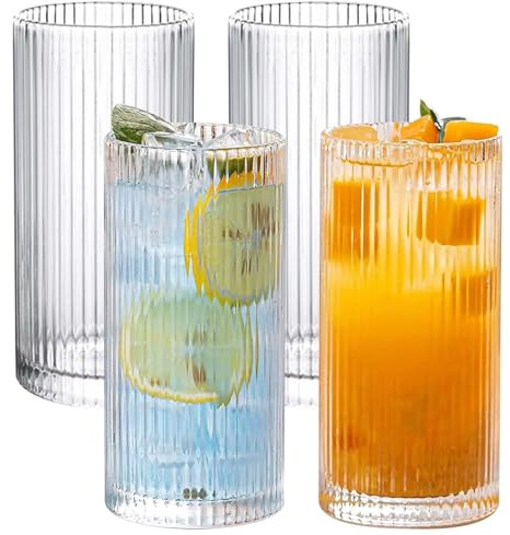Lot de 4 verres cannelés de 370 ml - Verres à cocktail de qualité supérieure - Verres à long drink et verres à boire, passent au lave-vaisselle - Pour café glacé, bière, eau, jus, mojito, pour la