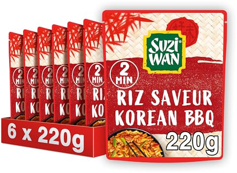 Suzi Wan Riz Express Korean BBQ Micro-ondable Pack de 6-6x220g | Pack de 6 sachets de riz express saveur barbecue coréen. Idéal pour accompagner vos plats en 2 minutes au micro-ondes.