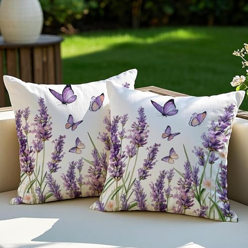 Vorysum 2er Set Outdoor Kissen Lila Blumen Dekokissen Wetterfest Kissenbezug 50x50 cm Sommer Modern Kissenbezüge für Garten Sofa Couch Wohnzimmer Schlafzimmer Doppelseitiges Muster