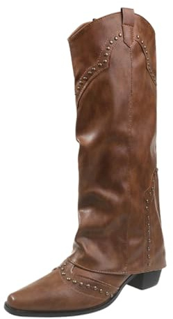 Stövlar dam läder hög cowboystövlar dam hög brun elegant läderstövlar vintage cowboystövlar klassiska västerländska stövlar liten klack ryttarstövlar niet Cow Boy Boots medeltida västerländska stövlar