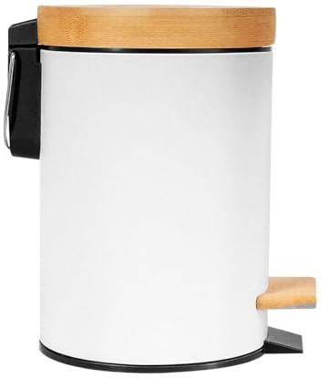 YiTePeDo - Papelera de baño 3L con tapa de bambú natural con mecanismo de pedal, acabado blanco antihuellas, diseño de cesta, para cosméticos y desechos