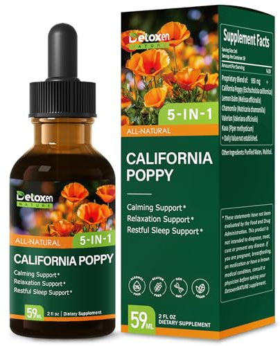 DetoxenNATURE California Poppy Extract Liquid, Alcohol-Free Tincture for Calming Relaxation Support, 5-in-1 Herbal Supplement Drops with Valerian Lemon Balm Kava. for Restful Sleep Support. 2 oz