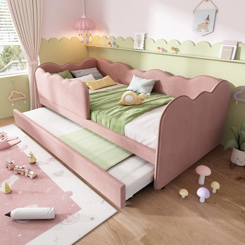 ZIDEY Polsterbett Daybett 90x190cm,Tagesbett Schlafsofa mit Ausziehbett 90x190cm, Gästebett mit Lattenrost, Leinen,Rosa, ohne Matratze