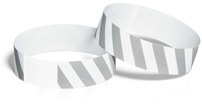 ID&C Tyvek Paper Event Wristbands – Numbered Tamper Proof Security Wristbands for Events, Festivals & Admission (Silver and White Stripe, 100 Pack)