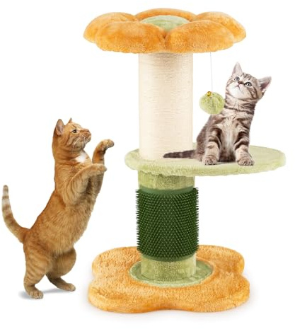 GOPLUS Árbol para Gatos de 69 CM de Altura, Pequeña Torre para Gatitos en Forma de Flor con Percha de Felpa Acolchada, Rascador de Sisal, Pelota Colgante y Cepillo, Parque para Mascotas (Amarillo)