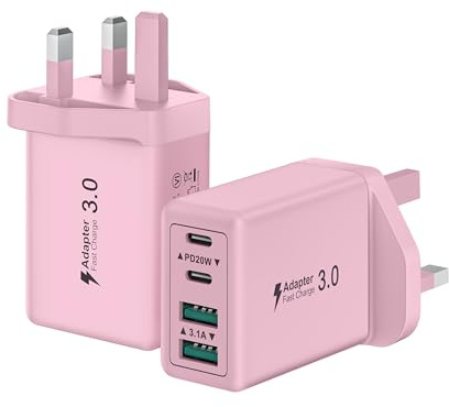 Saqykan 2-Pack 40W 4-Port Multi USB Plug UK Fast Charger Dual PD Power Adapter +QC Multiport Wall Charge Head Type C Fast Charging Plug for iPhone 17 16 15 14 13 12 11 Pro Max Plus, iPad