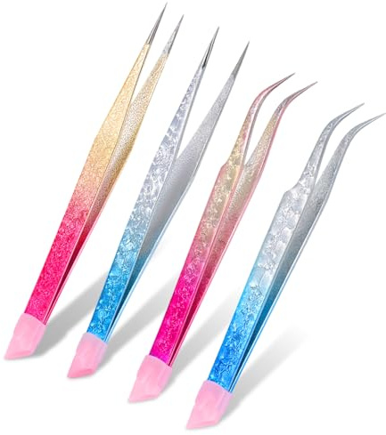 4 Pcs Double Ended Nail Tweezers Stainless Steel Straight and Curved Tip Needle Nose Tweezers Set with Silicone Pressing Head for Eyelash, Nail Art, Gem Picker Tool (Crystal Blue, Crystal Pink)