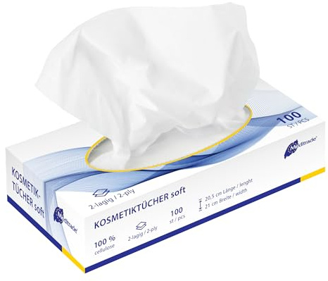 Meditrade Fazzoletti cosmetici a 2 strati, 100 pezzi in scatola dispenser – extra morbidi e resistenti agli strappi – fazzoletti assorbenti per cosmetici, hotel, pratica e casa