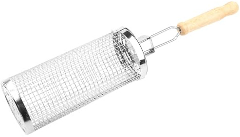 Grill Welten - Panier de barbecue rond en acier inoxydable - 22,8 x 8,5 cm - Avec poignée en bois - Pour légumes, poissons, viandes et pommes de terre - Avec ouverture pour barbecue au charbon de bois