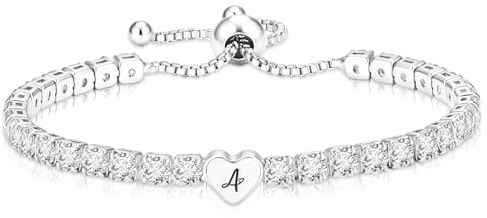 Heart Initial Bracelet for Women Girl 925 Silver Crystal Tennis Bracelet(A)