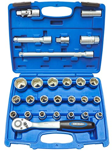 SW-Stahl 07624L Steckschlüsselsatz 1/2 Zoll, 27-teilig, Ratschenkasten | Knarrenkasten mit 72-Zahn Ratsche, Nusskasten aus Chrom-Vanadium, Sechskant Stecknüsse, PKW und Motorrad Werkzeug
