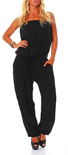malito - Damen Jumpsuit - langer Einteiler - Overall Carmen Ausschnitt - Hosenanzug Uni - Romper Leo-Print 4538 (XS-L)