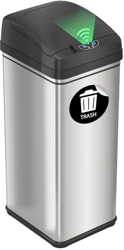 iTouchless 13 Gallon Automatic Sensor Kitchen Trash Can with Odor Filter , Stainless Steel Bin, Reusable Trash Vinyl Sticker, Powered by Batteries (not included) or AC Adapter (sold separately)