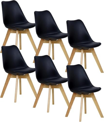 WOLTU Esszimmerstühle 6er Set, Skandinavische Küchenstühle, Retro Design, Sitzfläche aus Kunstleder, mit Massivholz Beinen, bis 150 kg belastbar, Schwarz