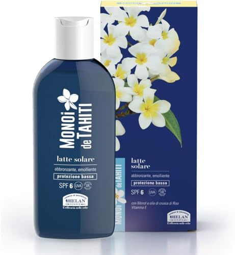 Helan, Monoi De Tahiti - Creme Solaire Visage et Corps SPF 6, Crème Solaire avec Protection Basse, Lait Solaire Accelerateur de Bronzage Emollient contre UVA/UVB avec Vitamine E, 200 ml Made in Italy