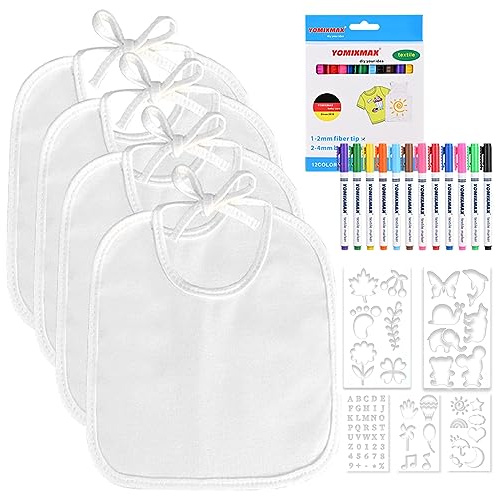 faburo 12PCS Bavoir pour Bébé Blanc à Peindre,12 Marqueurs Textile et 5 Pochoirs de Peinture, Bavoirs Imperméables Drool, Idéal pour Décorer et Peindre