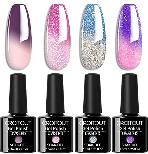 Croitout UV Farbwechsel Gel Nagellack Set - Thermo Shellac Gellack Kit, Mehrfarbig Ablösbarer Nagelgel Farbgel, Chameleon Polish 4 x 7.3ml