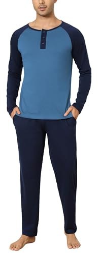 Aseniza Ensembles de Pyjama Homme Pyjama Homme Hiver Coton Manches Longues Vêtements De Nuit Vêtements de Détente Doux Loungewear Bleu M