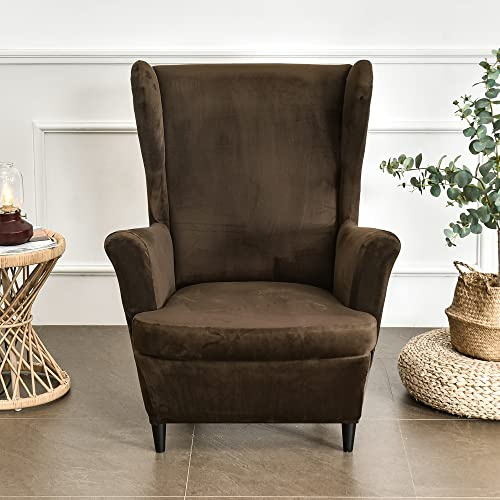 MIFXIN Wing Chair Slipcover 2 Piece Set Velvet Stretch Wingback Chair Cover with Cushion Cover Soft Washable Armchair Furniture Protector for Living Room Bedroom (Coffee)