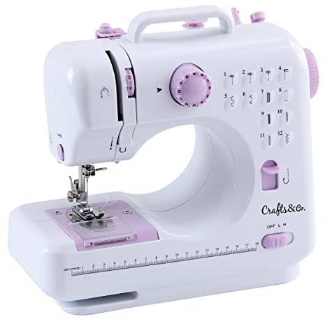 Crafts&Co® Nähmaschine für Anfänger mit Eingebautem LED-Licht und Fußpedal | 12 Stiche | Mini Nähmaschine inkl. Overlock | Singer | Pfaff | Weiß-Lila