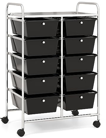 COSTWAY Rollwagen mit 10 stapelbaren Schubladen (Schwarz) | Rollcontainer mit Metallgestell & Ablagefläche, Badrollwagen, Schubladenwagen, Aufbewahrungswagen für Büro, Wohnzimmer