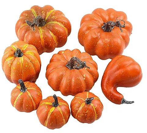 KAREN66 Künstliches Kürbissse Set, 8 Stück Kürbis Herbstdeko Zierkürbis Mini Orange Deko-Kürbisse Herbst Dekoration Herbstdekorationen Halloween Thanksgiving