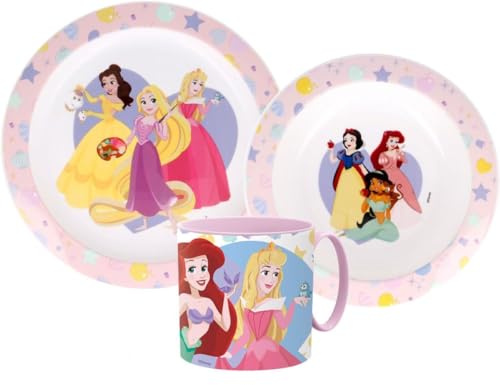 Princess Cartoon Character Dinner Tableware Set 3pcs Plate, Bowl & Mug, BPA Free re-usable Plastic Microwave Safe (Princess)