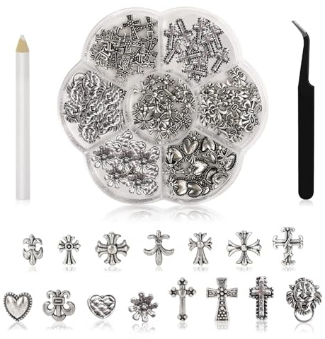 Ruzister® 75 Stück 3D-Nagel-Charms, Kreuz, verchromtes Metall, silberner Nail-Art-Charm mit Gothic-Retro-Punk-Herzen und Totenköpfen, Maniküre, Nail-Art-Dekorationen