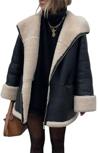 Glkaend Women's Faux Shearing Moto Bomber Jacket Sherpa-Lined Coat Winter Aviator Leather Coat Outerwear,Black,XL