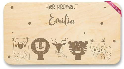 Frühstücksbrettchen Holz Natur - Tiere - Hier krümelt Name mit Tieren I Bär I Löwe I Reh I Tiger I Fuchs - 22x12 - Holz - kinderbrettchen personalisierte geschenke kinder tier lions brettchen