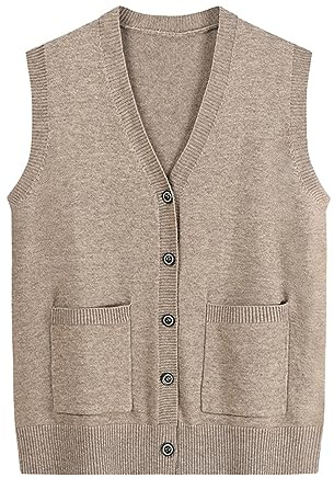 Jersey gris para mujer, con botón cálido, de algodón, jersey, chaleco, invierno, beige, cuello en V, jersey de punto para mujer, clásico, sin mangas, chaleco de punto, caqui, Tallaúnica