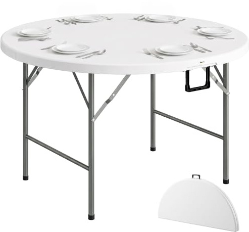 Outsunny Mesa Auxiliar Redonda Mesa de Jardín Plegable Ø122x73 cm Blanco