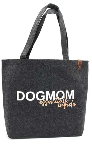 Filztasche, Einkaufstasche, 49 x 39 x 13,5 cm, „Dogmom essentials inside“, XL Shopper, Tasche aus dunkel-grauem Filz, Tragetasche, Shopping Bag, Hundegeschenk, Hundeliebhaber, Hundemama