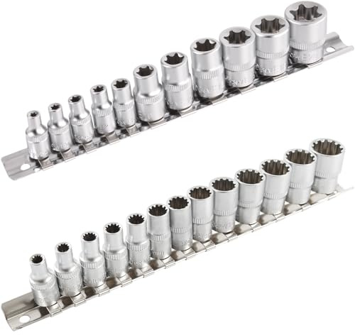 TECPO Vielzahn Steckschlüssel-Satz 1/4'' 13-tlg + Außen E-Profil Steckschlüssel-Satz 1/4 3/8 12-tlg, für Torx Schrauben, aus Chrom-Vanadium-Stahl, matt verchromt, mit Rändelung, universal einsetzbar