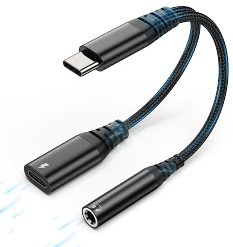 USB C auf Klinke Adapter und Laden/2 in 1 USB C Kopfhörer Adapter mit DAC Chip kompatibel/USB C auf Klinke 3.5 Adapter mit iPhone 15/Pro/Max/Samsung S24/S23/Google/Huawei usw(Schwarz)